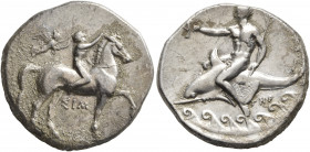 CALABRIA. Tarentum. Circa 330-325 BC. Didrachm or Nomos (Silver, 22 mm, 7.77 g, 1 h), Sim..., magistrate. Nude youth riding horse walking to right, ra...
