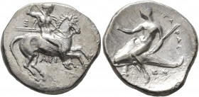 CALABRIA. Tarentum. Circa 315-302 BC. Didrachm or Nomos (Silver, 23 mm, 7.83 g, 4 h), Ari..., Kl... and Epa..., magistrates. Nude rider on horse gallo...