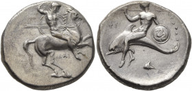 CALABRIA. Tarentum. Circa 302-290 BC. Didrachm or Nomos (Silver, 22 mm, 7.93 g, 6 h), Dai... and Phi..., magistrates. Nude, helmeted rider on horse ga...