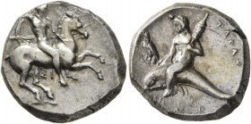 CALABRIA. Tarentum. Circa 325-280 BC. Didrachm or Nomos (Silver, 19 mm, 7.83 g, 4 h), Si... and Phi..., magistrates. Nude rider on horse galloping to ...