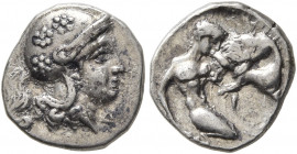 CALABRIA. Tarentum. Circa 325-280 BC. Diobol (Silver, 11 mm, 1.16 g, 10 h). Head of Athena to right, wearing crested Attic helmet decorated with three...