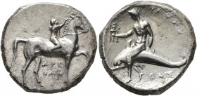 CALABRIA. Tarentum. Circa 302-280 BC. Didrachm or Nomos (Silver, 22 mm, 7.62 g, 7 h), Sa..., Arethon and Cas..., magistrates. Nude youth riding horse ...