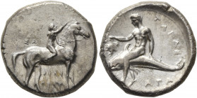CALABRIA. Tarentum. Circa 302-280 BC. Didrachm or Nomos (Silver, 22 mm, 7.89 g, 1 h), Sa..., Philiarchos and Aga..., magistrates. Nude youth riding ho...
