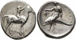 CALABRIA. Tarentum. Circa 302-280 BC. Didrachm or Nomos (Silver, 22 mm, 7.86 g, 3 h), Sa..., Philiarchos and Aga..., magistrates. Nude youth riding ho...