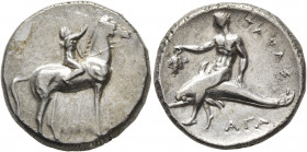 CALABRIA. Tarentum. Circa 302-280 BC. Didrachm or Nomos (Silver, 21 mm, 7.91 g, 7 h), HN Italy 960. Vlasto 673. Nude youth riding horse walking to rig...