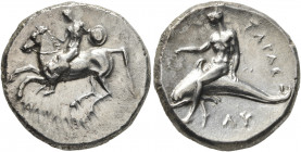 CALABRIA. Tarentum. Circa 302-280 BC. Didrachm or Nomos (Silver, 22 mm, 7.63 g, 3 h), Si.., Philokles and Ly..., magistrates. Nude warrior on horsebac...