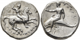 CALABRIA. Tarentum. Circa 280-272 BC. Didrachm or Nomos (Silver, 20 mm, 7.80 g, 3 h), Deinokrates and Si..., magistrates. ΔEINOKPATHΣ Nude rider on ho...