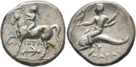 CALABRIA. Tarentum. Circa 272-240 BC. Didrachm or Nomos (Silver, 20 mm, 6.35 g, 1 h), Aristis, magistrate. Nude youth riding horse walking to left, ra...