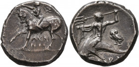 CALABRIA. Tarentum. Circa 272-240 BC. Didrachm or Nomos (Silver, 19 mm, 6.63 g, 1 h), Sy... and Lykinos, magistrates. Nude youth riding horse walking ...