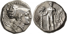 LUCANIA. Herakleia. Circa 281-278 BC. Didrachm or Nomos (Silver, 20 mm, 7.74 g, 7 h). HPAKΛEIΩN Head of Athena to right, wearing Corinthian helmet ado...
