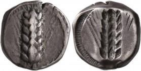LUCANIA. Metapontion. Circa 470-440 BC. Stater (Silver, 18 mm, 7.87 g, 12 h). [META] Ear of barley with seven grains; around, border of dots. Rev. Ear...