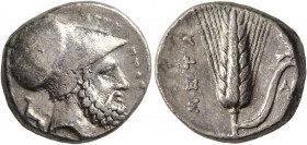 LUCANIA. Metapontion. Circa 340-330 BC. Didrachm or Nomos (Silver, 20 mm, 7.88 g, 12 h). ΛEYKIΠΠOΣ Bearded head of Leukippos to right, wearing Corinth...