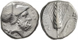 LUCANIA. Metapontion. Circa 340-330 BC. Didrachm or Nomos (Silver, 20 mm, 7.74 g, 3 h). ΛEYKIΠΠOΣ Bearded head of Leukippos to right, wearing Corinthi...
