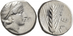 LUCANIA. Metapontion. Circa 400-340 BC. Didrachm or Nomos (Silver, 20 mm, 7.74 g, 4 h). Head of Demeter to right, her hair bound with fillet. Rev. ME ...