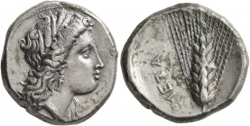 LUCANIA. Metapontion. Circa 330-290 BC. Didrachm or Nomos (Silver, 21 mm, 7.78 g, 10 h). Head of Demeter to right, wearing wreath of grain ears, tripl...