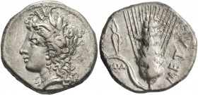 LUCANIA. Metapontion. Circa 330-290 BC. Didrachm or Nomos (Silver, 22 mm, 7.82 g, 6 h). Head of Demeter to left, wearing wreath of grain ears, triple ...