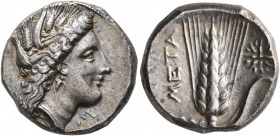 LUCANIA. Metapontion. Circa 330-290 BC. Didrachm or Nomos (Silver, 19 mm, 7.84 g, 11 h). Head of Demeter to right, wearing wreath of grain ears, tripl...