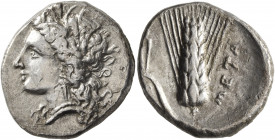 LUCANIA. Metapontion. Circa 330-290 BC. Didrachm or Nomos (Silver, 22 mm, 7.79 g, 7 h). Head of Demeter to left, wearing wreath of grain ears, triple ...