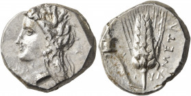 LUCANIA. Metapontion. Circa 330-290 BC. Didrachm or Nomos (Silver, 20 mm, 7.95 g, 8 h). Head of Demeter to left, wearing wreath of grain ears, triple ...