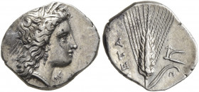 LUCANIA. Metapontion. Circa 325-275 BC. Diobol (Silver, 13 mm, 1.33 g, 6 h). Head of Demeter to right, wearing wreath of grain ears, triple pendant ea...