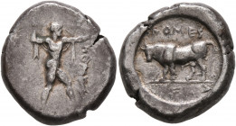 LUCANIA. Poseidonia. Circa 470-445 BC. Stater (Silver, 19 mm, 8.05 g, 11 h). ΠΟMES Poseidon striding to right, his left arm outstretched, brandishing ...