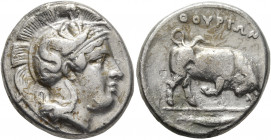 LUCANIA. Thourioi. Circa 400-350 BC. Didrachm or Nomos (Silver, 21 mm, 7.63 g, 6 h). Head of Athena to right, wearing crested Attic helmet adorned, on...