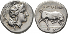 LUCANIA. Thourioi. Circa 280-213 BC. Didrachm or Nomos (Silver, 20 mm, 6.49 g, 9 h), Pha..., magistrate. Head of Athena to right, wearing crested Atti...