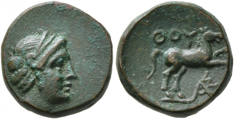 LUCANIA. Thourioi. Circa 280-213 BC. AE (Bronze, 13 mm, 2.79 g, 4 h). Diademed h...