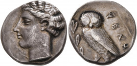 LUCANIA. Velia. Circa 440/35-400 BC. Drachm (Silver, 17 mm, 4.00 g, 1 h). Head of a nymph to left. Rev. YEΛH Owl standing left on olive branch, head f...