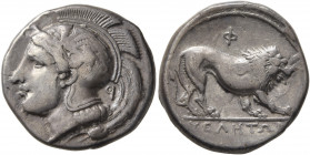 LUCANIA. Velia. Circa 340-334 BC. Didrachm or Nomos (Silver, 20 mm, 7.46 g, 2 h). Head of Athena to left, wearing crested Attic helmet adorned with a ...
