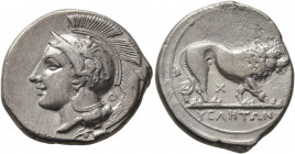 LUCANIA. Velia. Circa 340-334 BC. Didrachm or Nomos (Silver, 22 mm, 7.41 g, 4 h). Head of Athena to left, wearing crested Attic helmet adorned with a ...