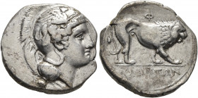 LUCANIA. Velia. Circa 340-334 BC. Didrachm or Nomos (Silver, 22 mm, 7.54 g, 10 h). Head of Athena to right, wearing crested Attic helmet adorned with ...