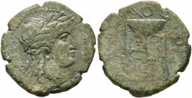 BRUTTIUM. Hyporon. Circa 300 BC. AE (Bronze, 19 mm, 4.00 g, 12 h). Laureate head of Apollo to right. Rev. [Υ-Π-Ο-Ρ] Tripod with three ring handles and...