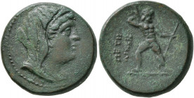 BRUTTIUM. Petelia. Late 3rd century BC. AE (Bronze, 20 mm, 7.94 g, 3 h). Veiled head of Demeter to right, wearing wreath of grain ears. Rev. ΠΕΤΗ-ΛΙΝΩ...