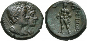 BRUTTIUM. Rhegion. Circa 215-150 BC. Tetrachalkon (Bronze, 17 mm, 4.00 g, 12 h). Jugate busts of the Dioskouroi to right, both wearing a laureate pilo...