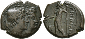 BRUTTIUM. Rhegion. Circa 215-150 BC. Tetrachalkon (Bronze, 17 mm, 3.62 g, 12 h). Jugate busts of the Dioskouroi to right, both wearing a laureate pilo...