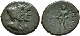 BRUTTIUM. Rhegion. Circa 215-150 BC. Tetrachalkon (Bronze, 18 mm, 3.89 g, 1 h). Jugate busts of the Dioskouroi to right, both wearing a laureate pilos...