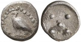 SICILY. Akragas. Circa 460s-440s BC. Pentonkion (Silver, 7 mm, 0.19 g), a contemporary imitation. Eagle standing left on Ionic capital. Rev. Five pell...
