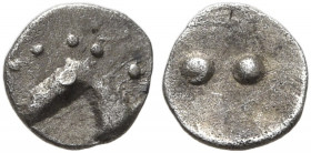 SICILY. Gela. Circa 480/75-475/70 BC. Hexas - Dionkion (Silver, 5 mm, 0.05 g), a contemporary imitation. Head of a horse to left. Rev. Two pellets (ma...