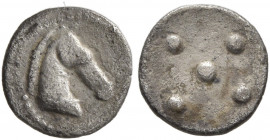 SICILY. Gela. Circa 480/75-475/70 BC. Pentonkion (Silver, 8 mm, 0.27 g). Head of a horse to right. Rev. Five pellets (mark of value). HGC 2, -. Jenkin...