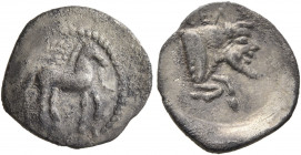 SICILY. Gela. Circa 465-450 BC. Litra (Silver, 13 mm, 0.67 g, 9 h). Bridled horse standing right, reins trailing from mouth; above, wreath. Rev. CEΛA ...