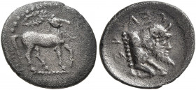 SICILY. Gela. Circa 465-450 BC. Litra (Silver, 13 mm, 0.80 g, 5 h). Bridled horse standing right, reins trailing from mouth; above, wreath. Rev. CEΛ-A...