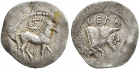 SICILY. Gela. Circa 465-450 BC. Litra (Silver, 14 mm, 0.47 g, 9 h). Bridled horse standing right, reins trailing from mouth; above, wreath. Rev. CEΛA ...