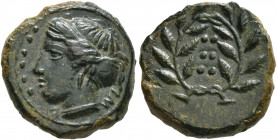 SICILY. Himera. Circa 415-409 BC. Hemilitron (Bronze, 17 mm, 4.17 g, 10 h). IME Head of a nymph to left, her hair bound in sphendone; to left, six pel...
