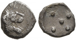 SICILY. Leontini. Circa 476-466 BC. Pentonkion (Silver, 7 mm, 0.25 g). Head of a lion to right. Rev. Five pellets (mark of value). Boehringer, Münzges...
