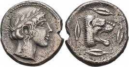 SICILY. Leontini. Circa 450-440 BC. Tetradrachm (Silver, 26 mm, 16.28 g, 1 h). Laureate head of Apollo to right. Rev. ΛEO-NT-IN-ON Head of a lion with...