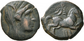 SICILY. Morgantina. Punic occupation, circa 212-211 BC. AE (Bronze, 19 mm, 4.38 g, 4 h). Veiled head of Demeter to right, wearing wreath of grain ears...