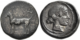 SICILY. Segesta. Circa 455/50-445/40 BC. Didrachm (Silver, 22 mm, 7.53 g, 2 h). The river-god Krimisos, in the form of a hunting dog, standing left. R...