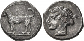 SICILY. Segesta. Circa 440/35-420/16 BC. Didrachm (Silver, 21 mm, 8.50 g, 7 h). The river-god Krimisos, in the form of a hunting dog, standing left. R...