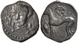 SICILY. Segesta. Circa 412/0-400 BC. Litra (Silver, 12 mm, 0.73 g, 12 h). Head of the nymph Segesta facing slightly to left; laurel branches flanking....